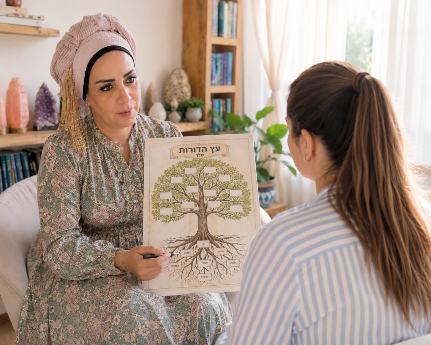 אירית מציגה למטופלת את לוח עץ הדורות